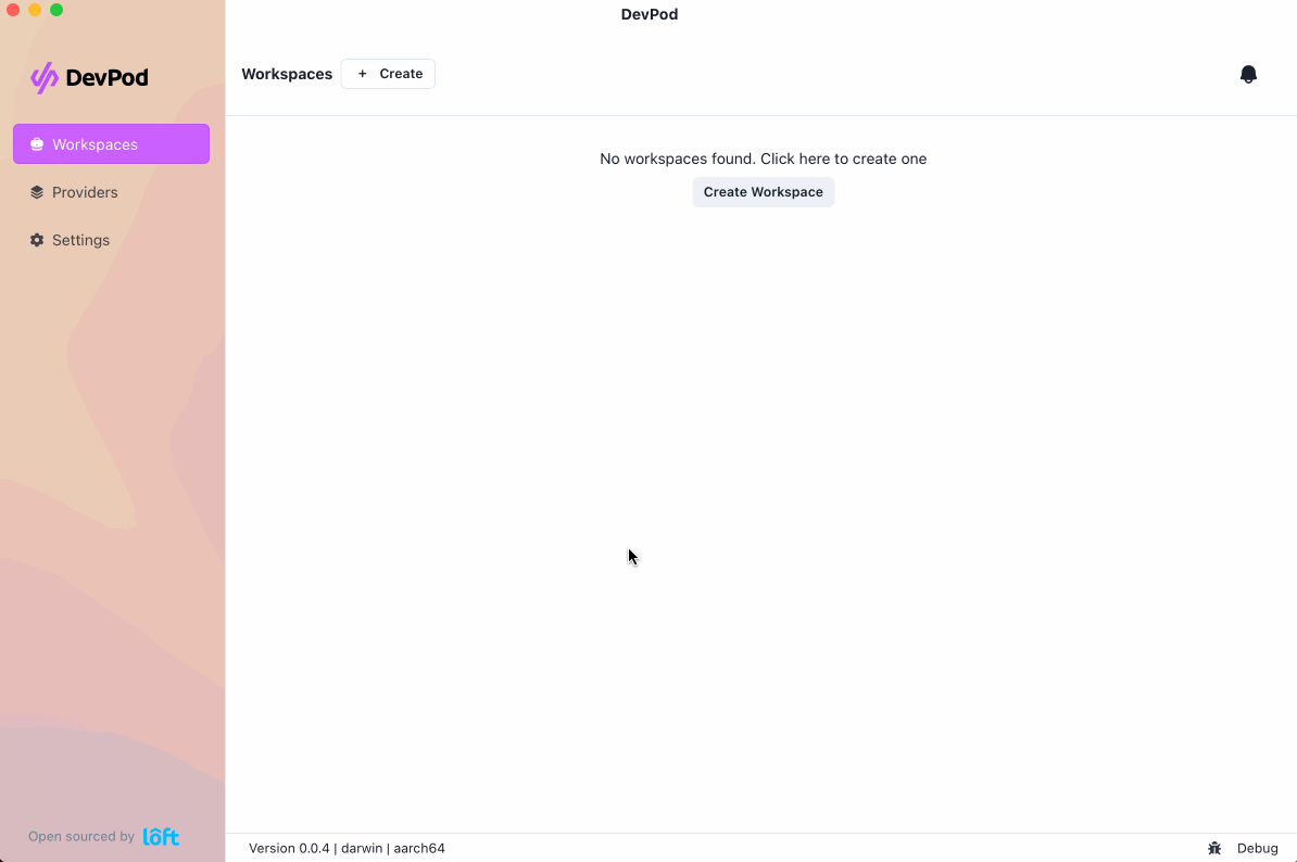 DevPod desktop application workflow showing workspace creation and management