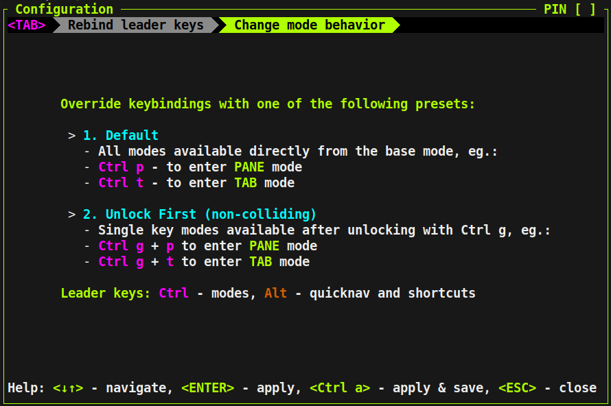 Zellij configuration showing Unlock-First preset option